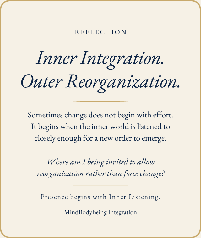 Reflection card: Inner Integration. Outer Reorganization. Sometimes change does not begin with effort. It begins when the inner world is listened to closely enough for a new order to emerge. Where am I being invited to allow reorganization rather than force change? Presence begins with Inner Listening.